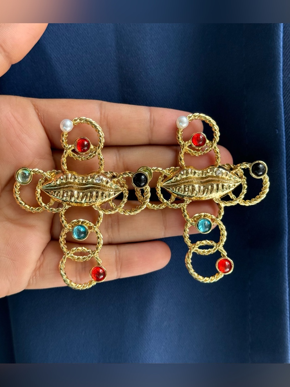 Schiaparelli Inspired Gold-Tone Multicolor Statement Earrings with Lip Motif